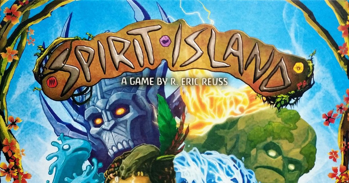 Box art for Spirit Island by Greater Than Games, showing four elemental spirit figures rising over a lush island against a stormy sky